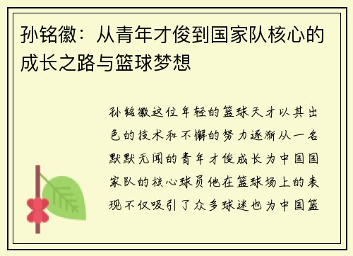孙铭徽：从青年才俊到国家队核心的成长之路与篮球梦想