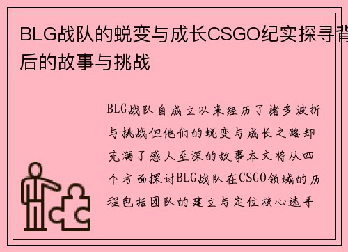 BLG战队的蜕变与成长CSGO纪实探寻背后的故事与挑战