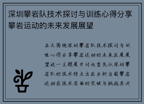 深圳攀岩队技术探讨与训练心得分享攀岩运动的未来发展展望