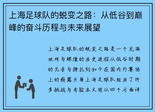 上海足球队的蜕变之路：从低谷到巅峰的奋斗历程与未来展望