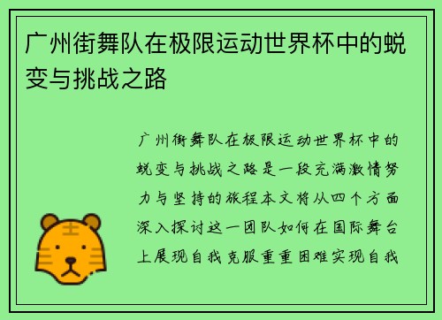 广州街舞队在极限运动世界杯中的蜕变与挑战之路