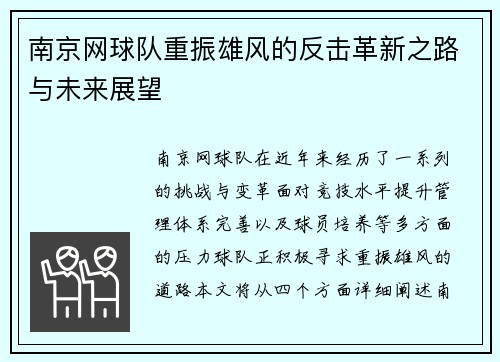 南京网球队重振雄风的反击革新之路与未来展望
